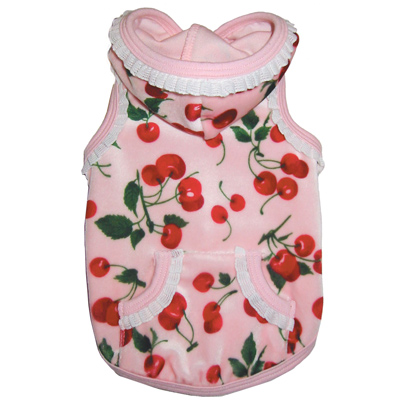 Cherry Ruffle  Hoodie - Pink Cherry Print, White Lace